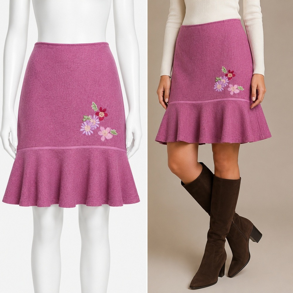 Hanna Andersson Skirt Vintage Size 8 Pink Wool Blend Floral Flounce Hem Y2K
